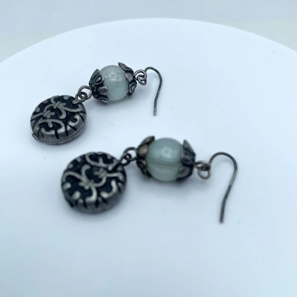 Articulated Silver-Tone Oxidized Metal Cool Waters Glass Beads Dangle Earrings
